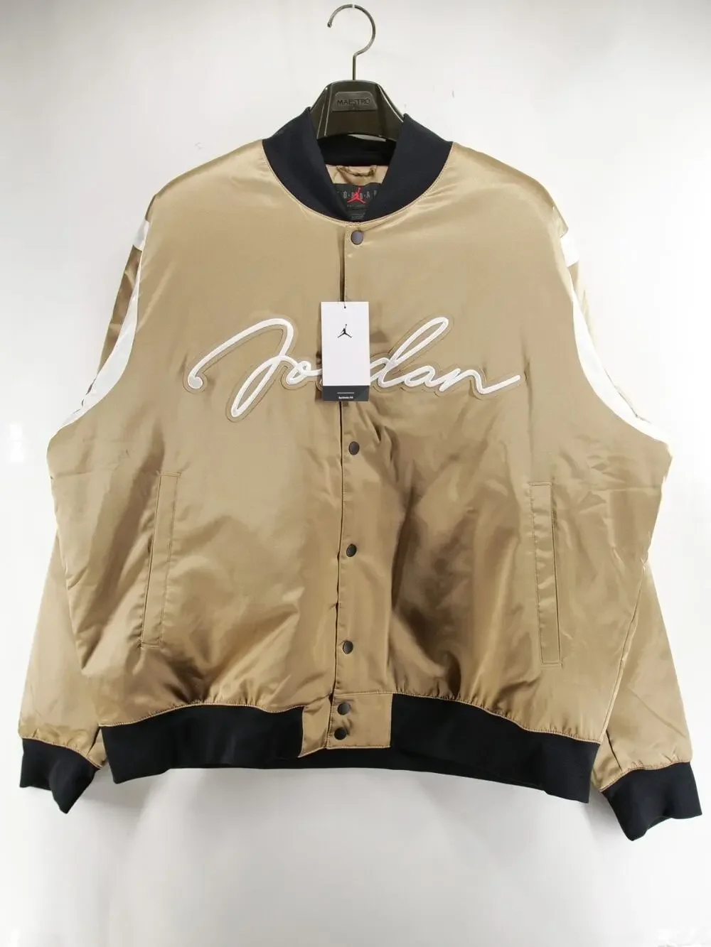 Jordan Mens XXL MVP HBR Varsity Jacket Desert Camo Sail Gold Satin Bomber NWT